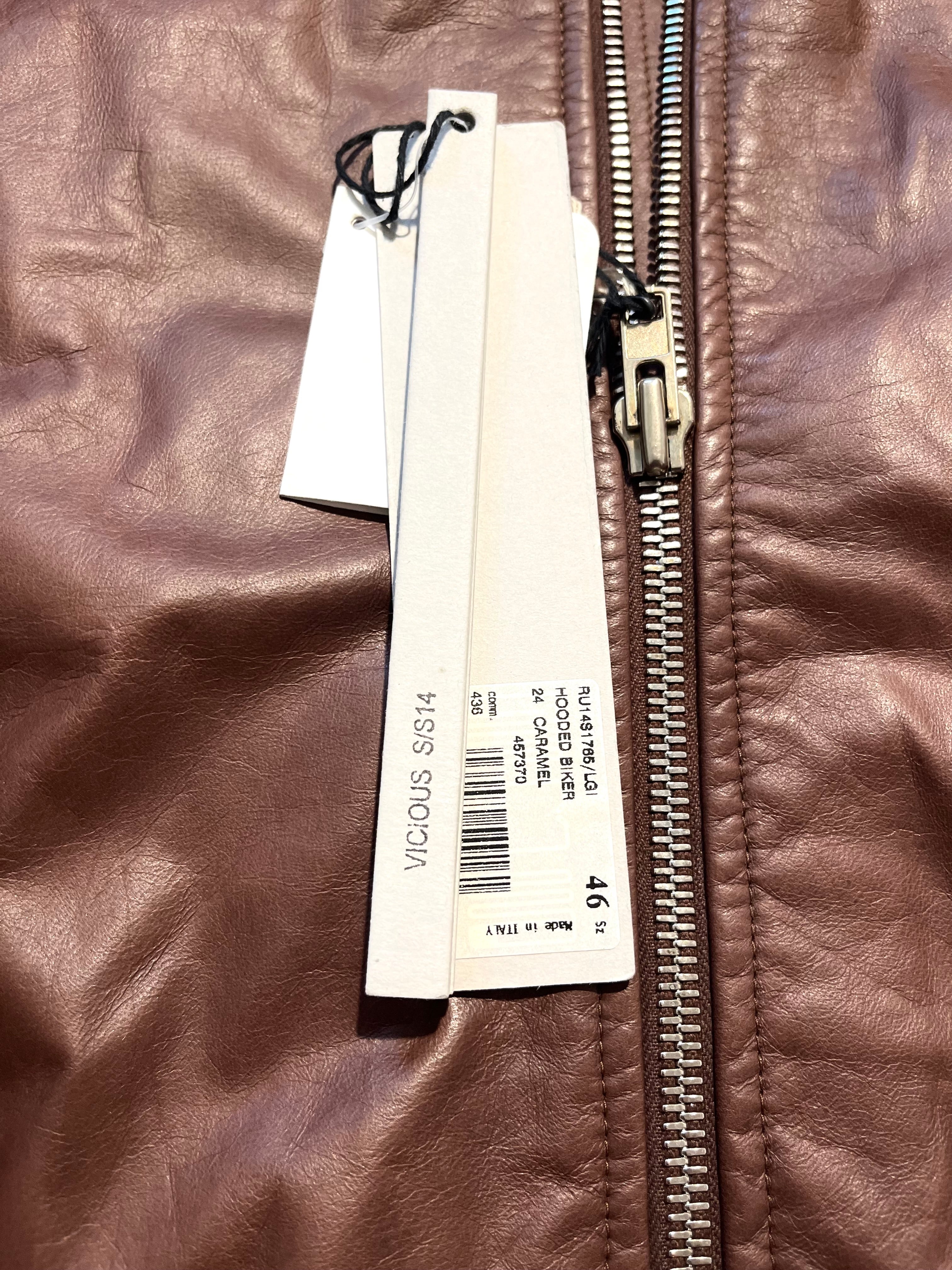 RICK OWENS FW14 "MOODY" HOODED LAMBSKIN JACKET IN CARAMEL SIZE 46IT