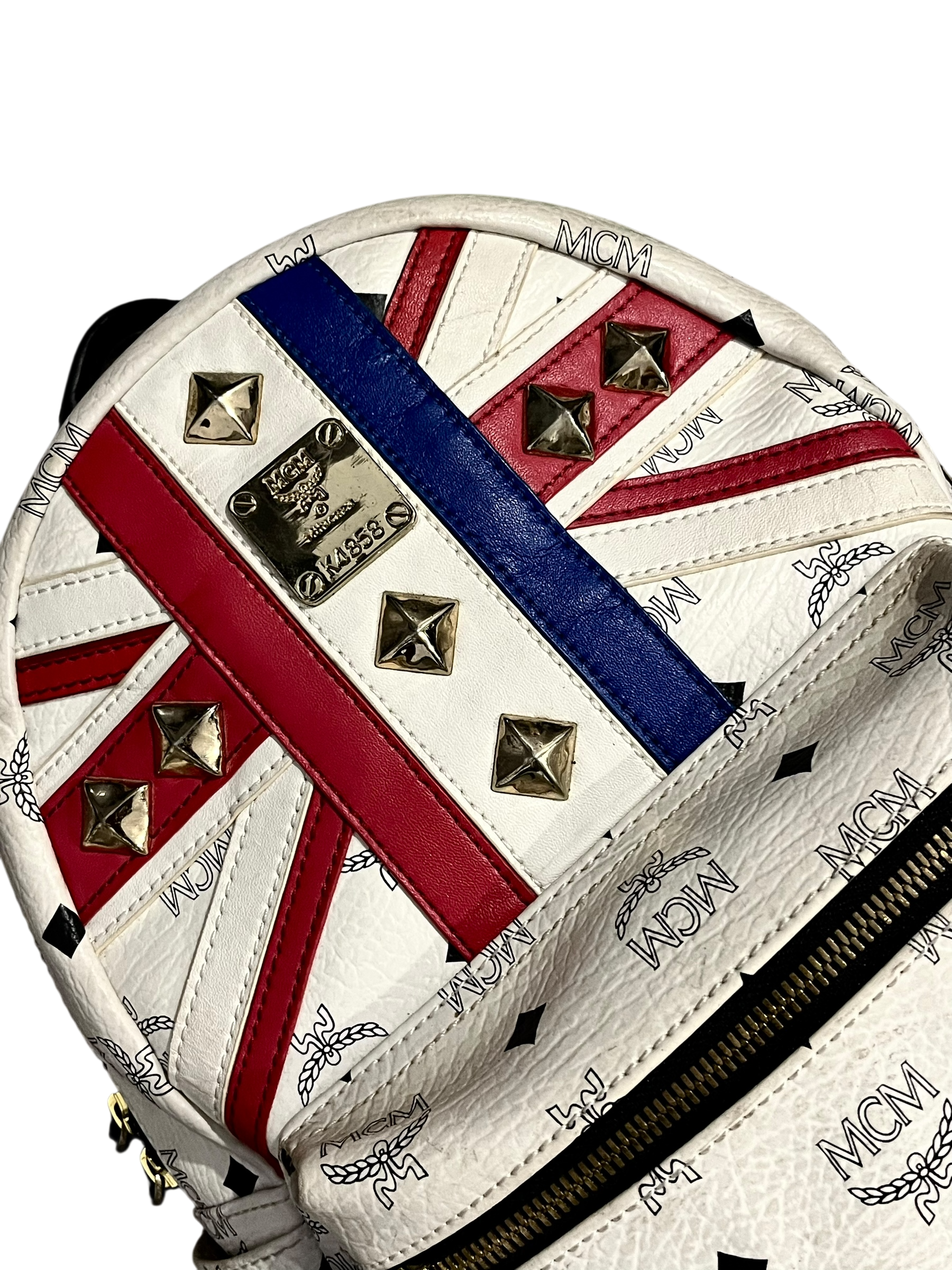 MCM WHITE LEATHER BACKPACK UNION JACK GOLDEN HARDWARE MINI VERSION