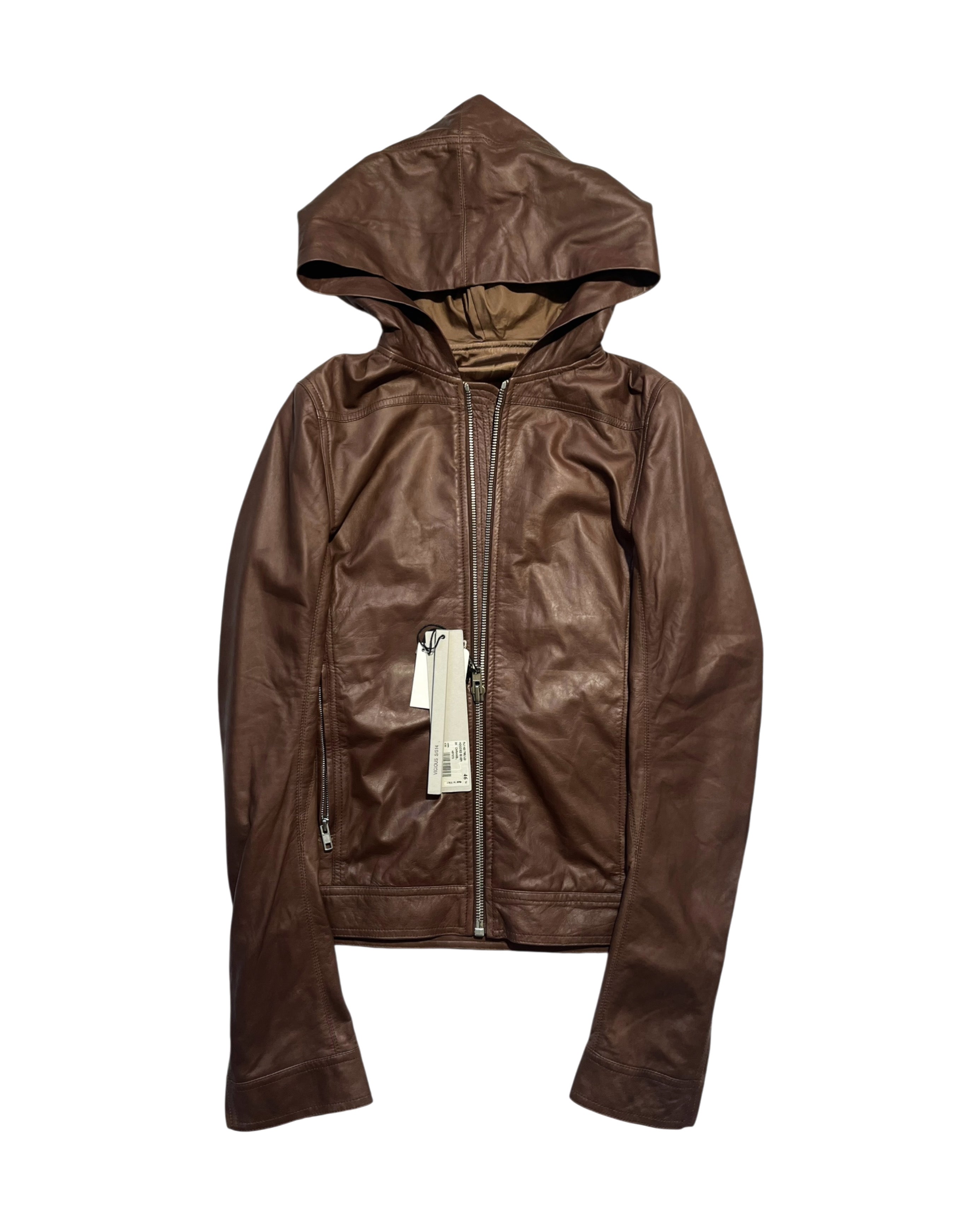 RICK OWENS FW14 "MOODY" HOODED LAMBSKIN JACKET IN CARAMEL SIZE 46IT