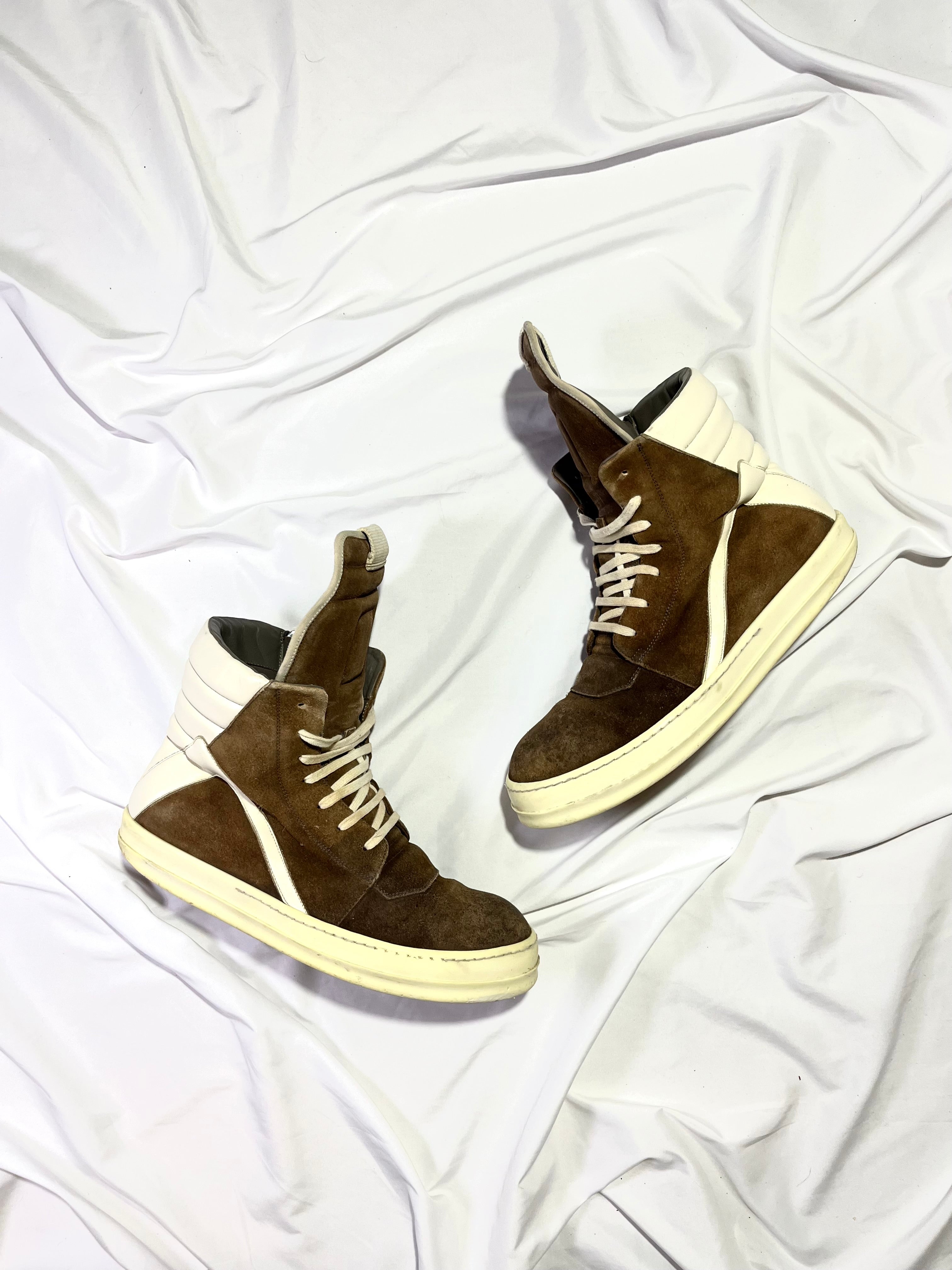 RICK OWENS BROWN/MILK SUEDE LEATHER GEOBASKETS