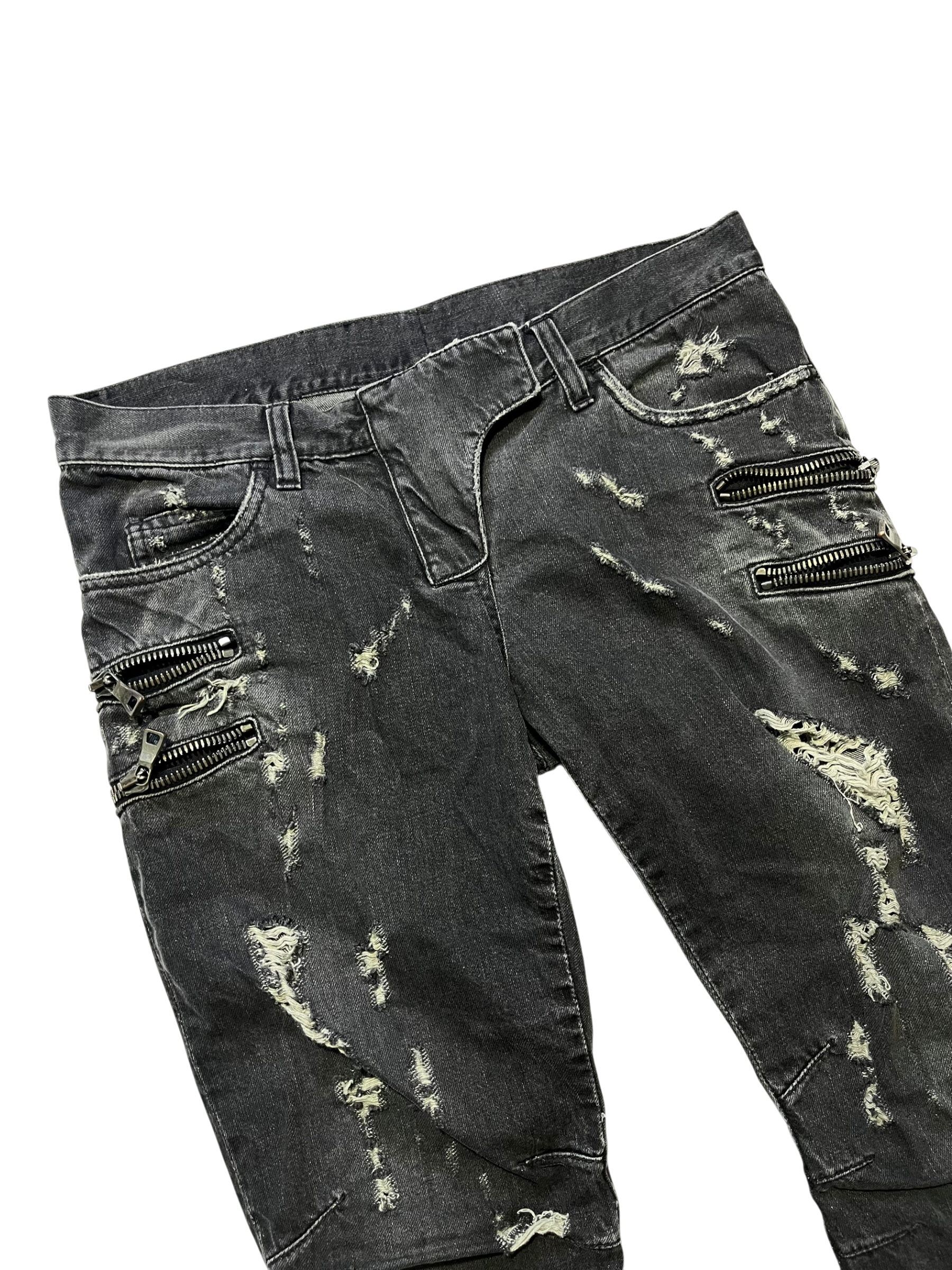 BALMAIN FW11 4 ZIP GREY DISTRESSED BIKER DENIM BY CRISTOPHE DECARNIN