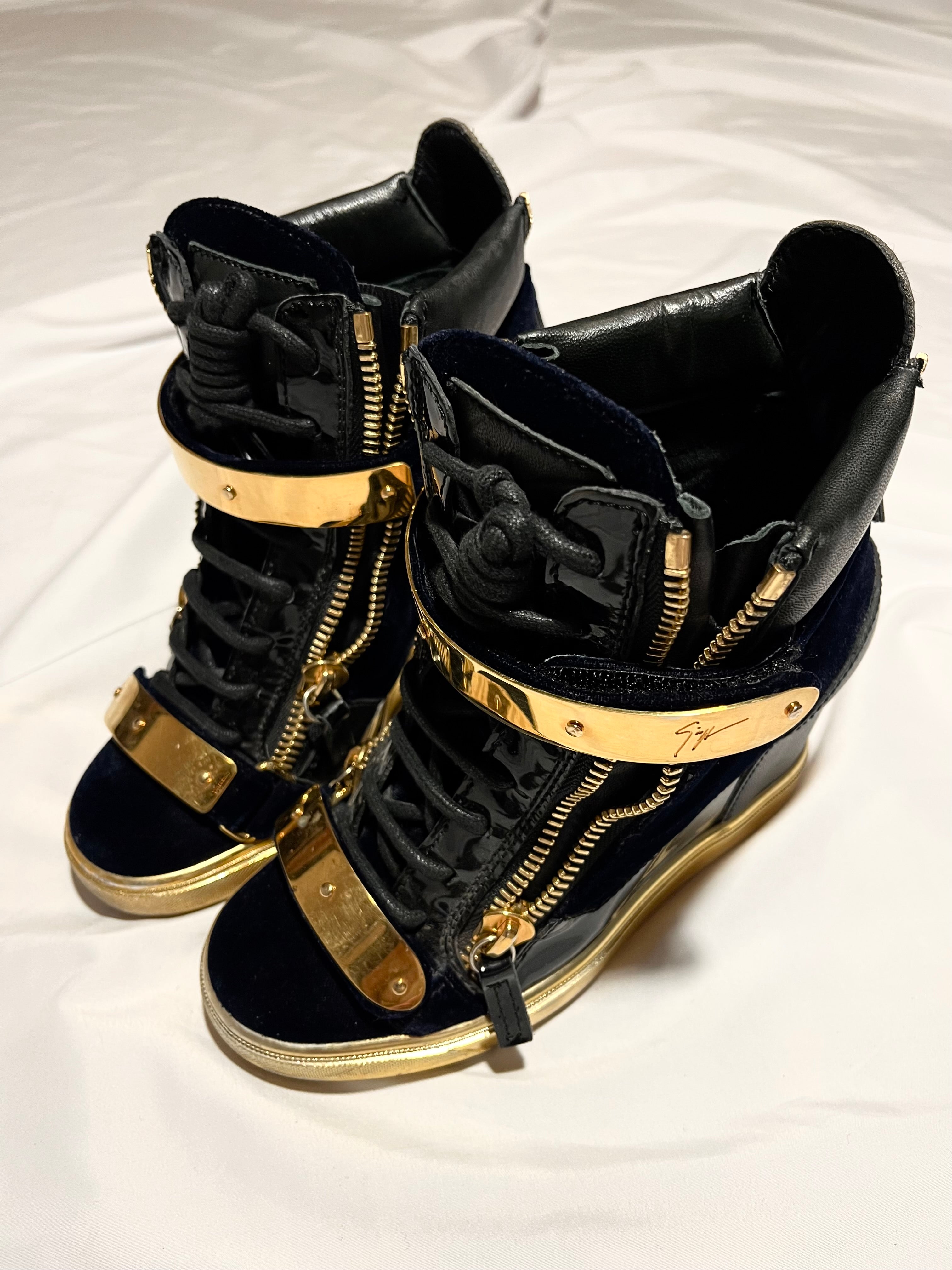 GIUSEPPE ZANOTTI 'COBY' DARK BLUE SATIN WEDGE SNEAKERS IN 36