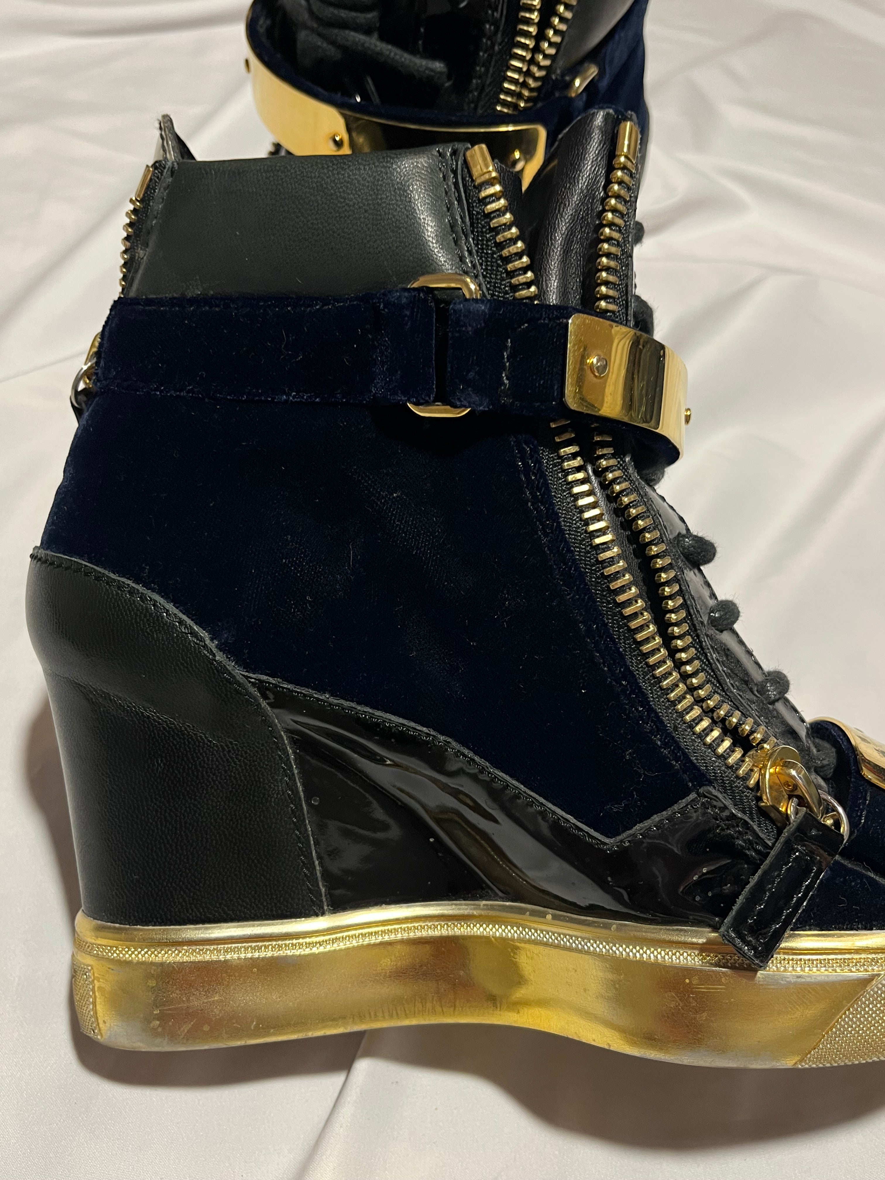 GIUSEPPE ZANOTTI 'COBY' DARK BLUE SATIN WEDGE SNEAKERS IN 36