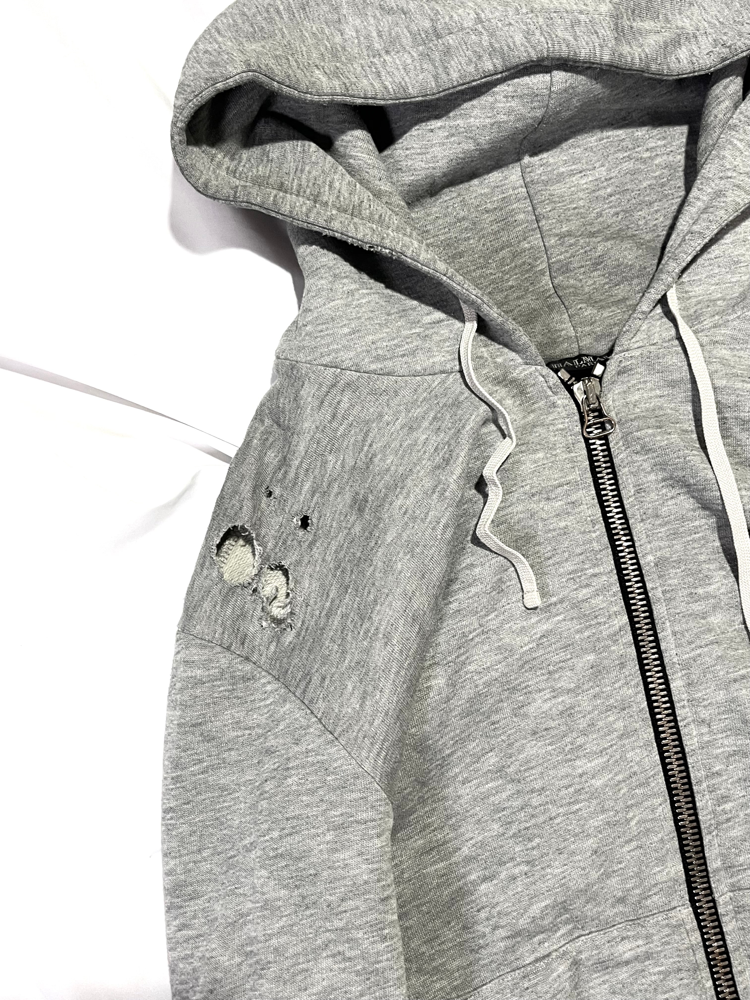 BALMAIN SS11 GRAY SHOTGUN DISTRESSED 5-ZIP HOODIE BY CRISTOPHE DECARNIN SIZE M