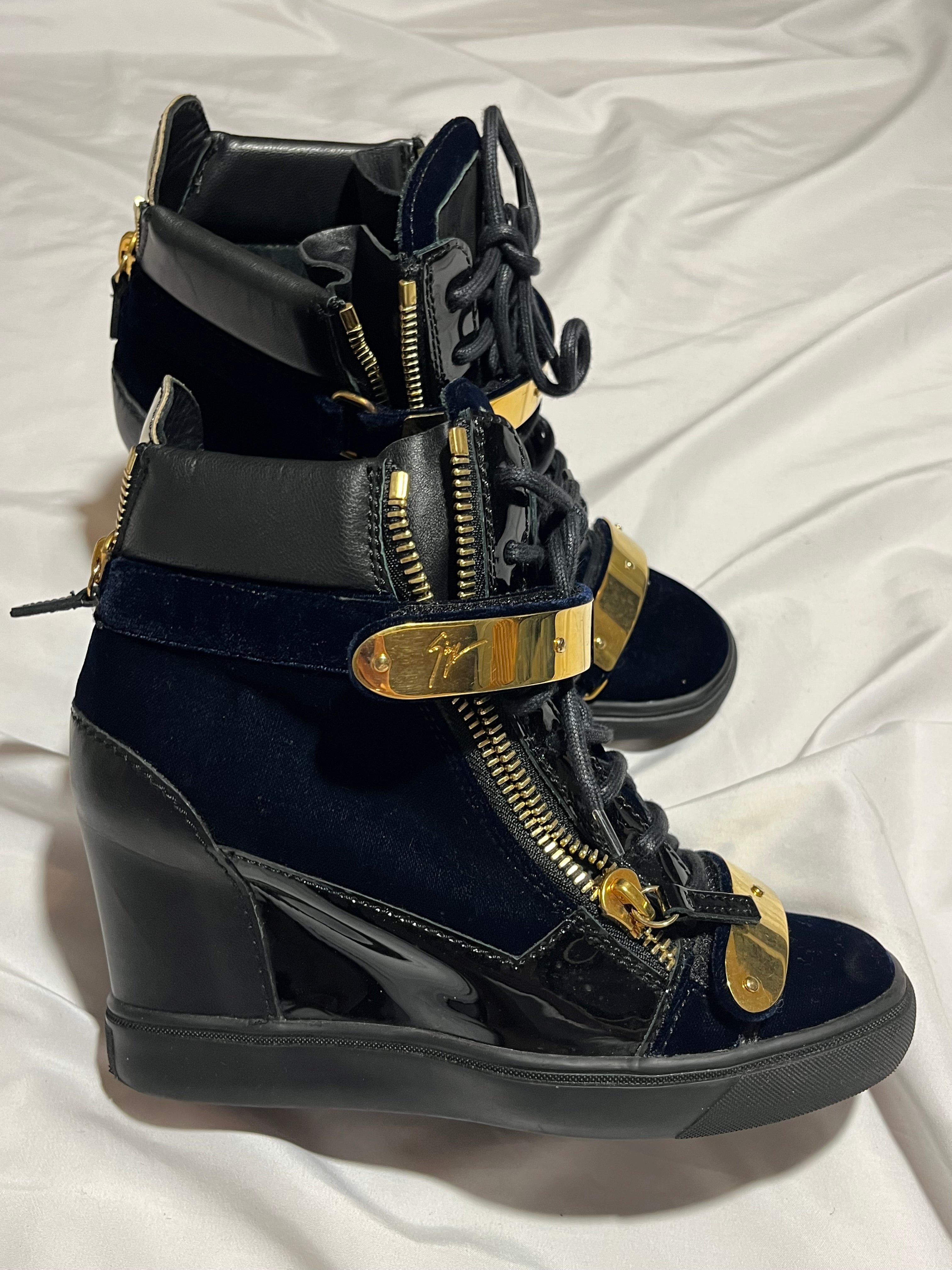 GIUSEPPE ZANOTTI 'COBY' DARK BLUE SATIN WEDGE SNEAKERS IN 38