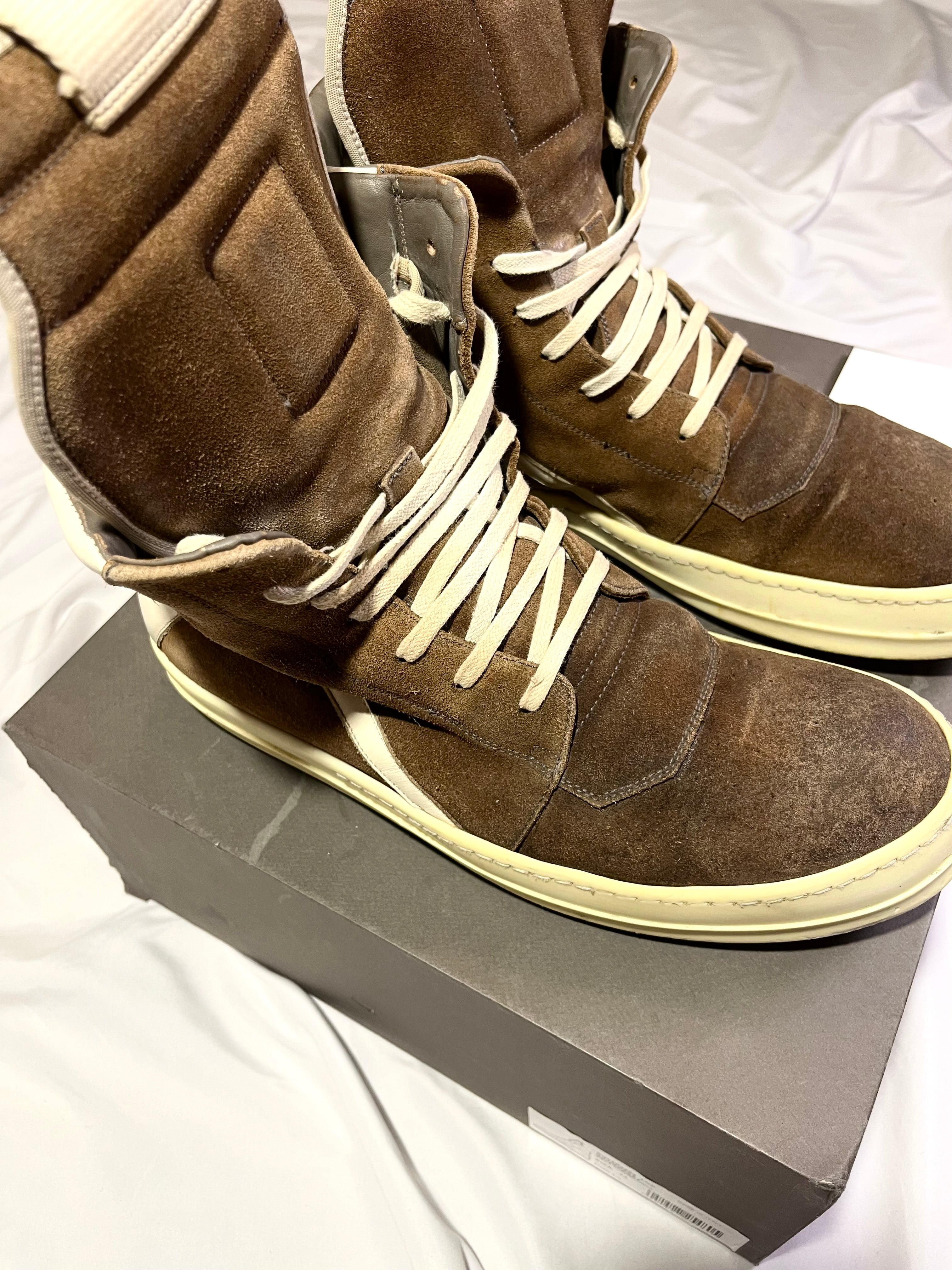 RICK OWENS BROWN/MILK SUEDE LEATHER GEOBASKETS