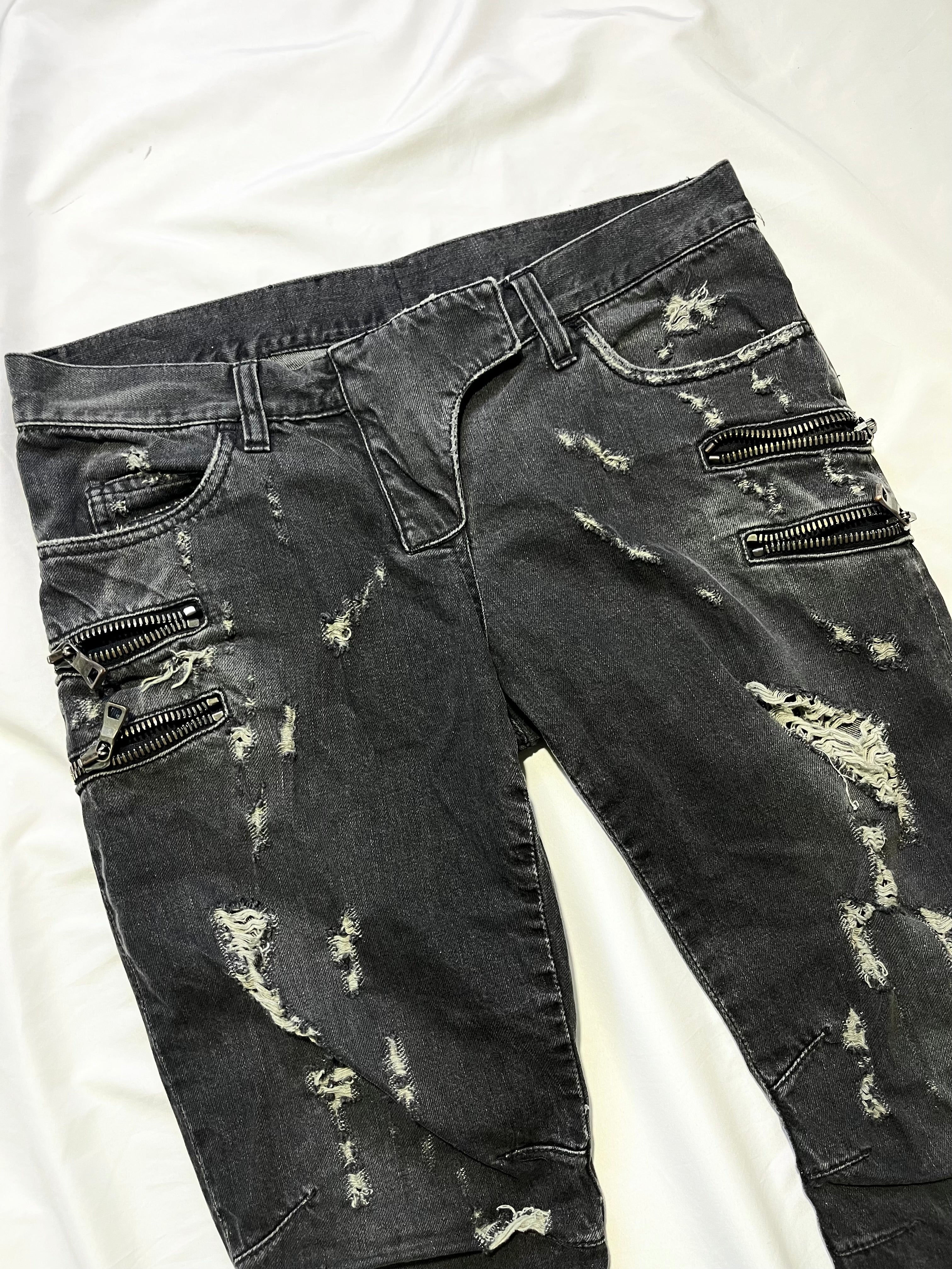 BALMAIN FW11 4 ZIP GREY DISTRESSED BIKER DENIM BY CRISTOPHE DECARNIN