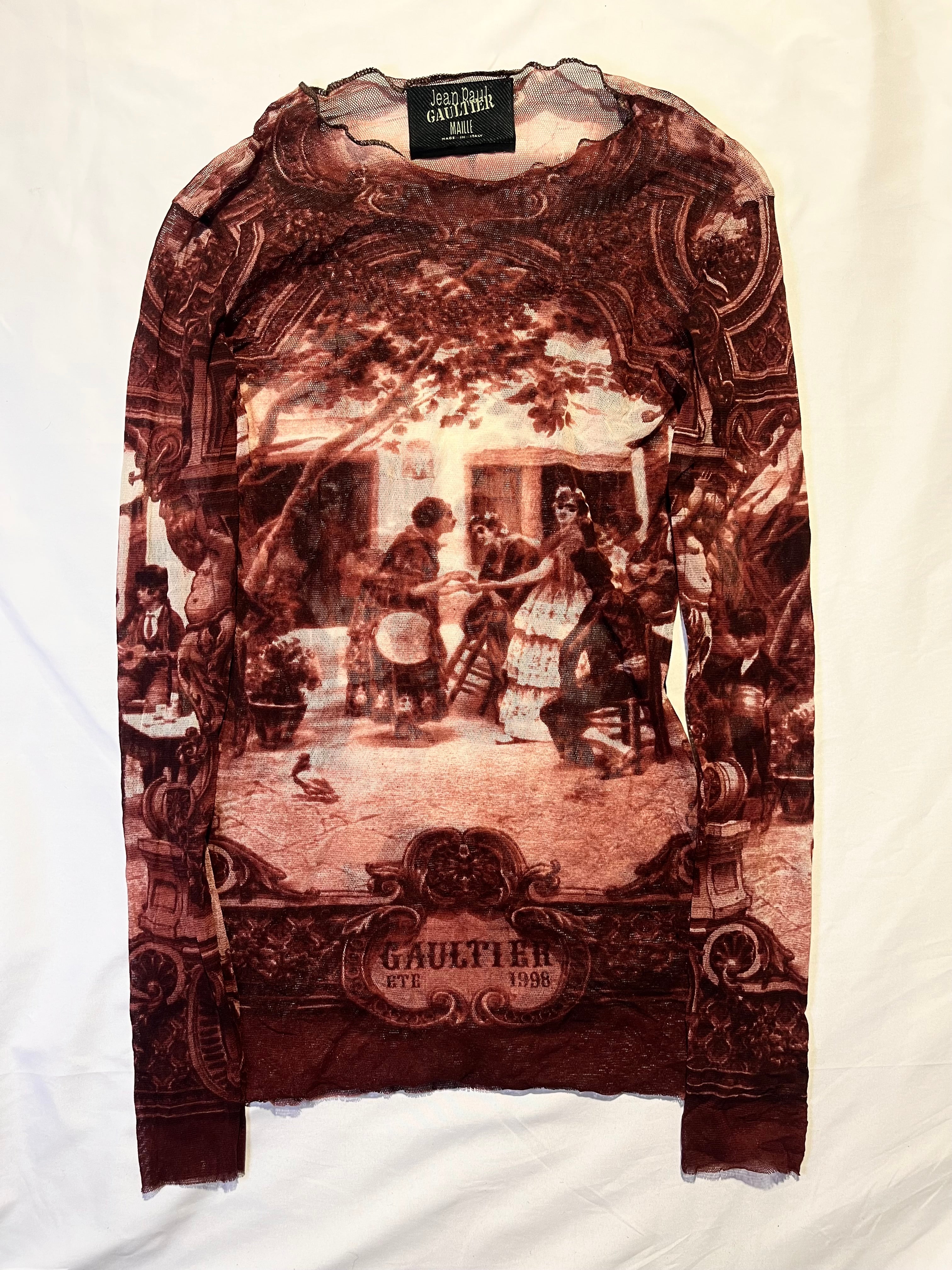 JEAN PAUL GAULTIER 'ETE 1998' FALL VILLAGE PAINTING DARK RED VINTAGE MESH TOP