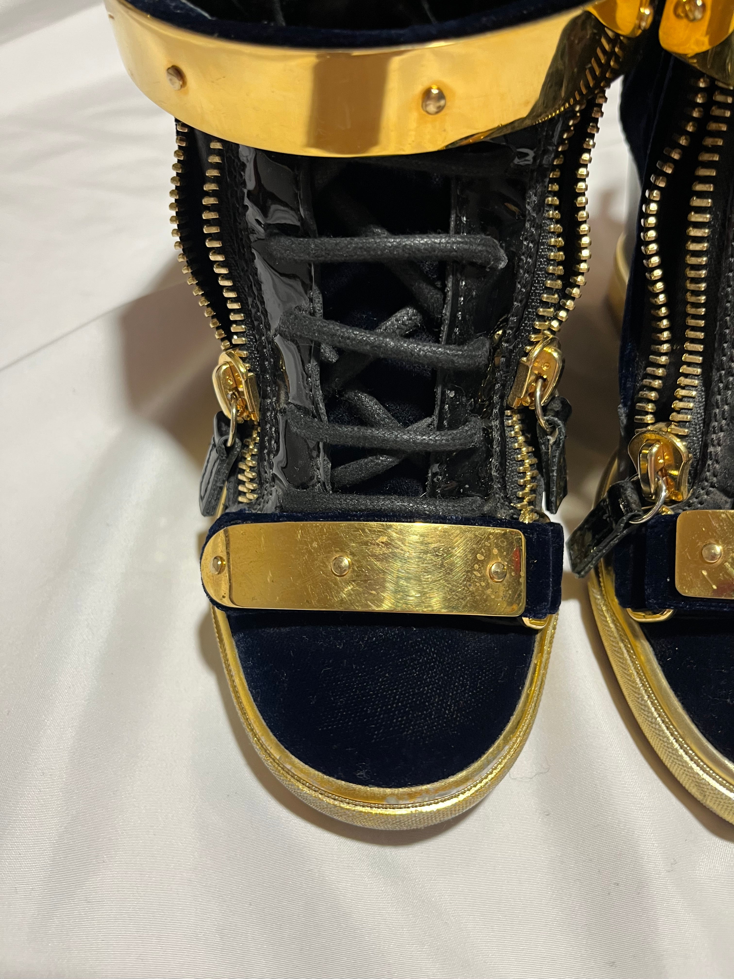 GIUSEPPE ZANOTTI 'COBY' DARK BLUE SATIN WEDGE SNEAKERS IN 36