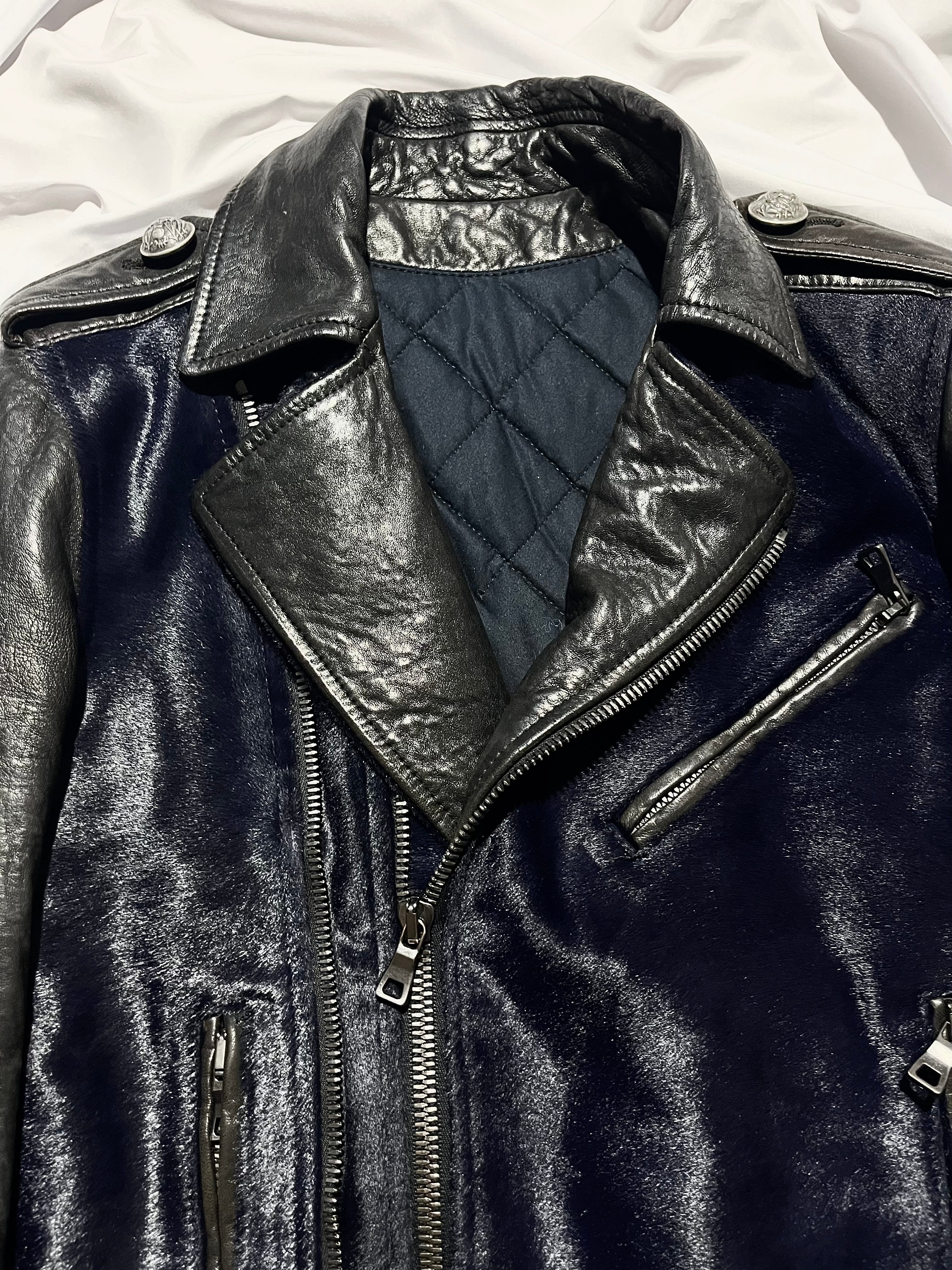BALMAIN FW12 MIDNIGHT BLUE CALFHAIR AND COWHIDE PERFECTO BIKER JACKET IN 44