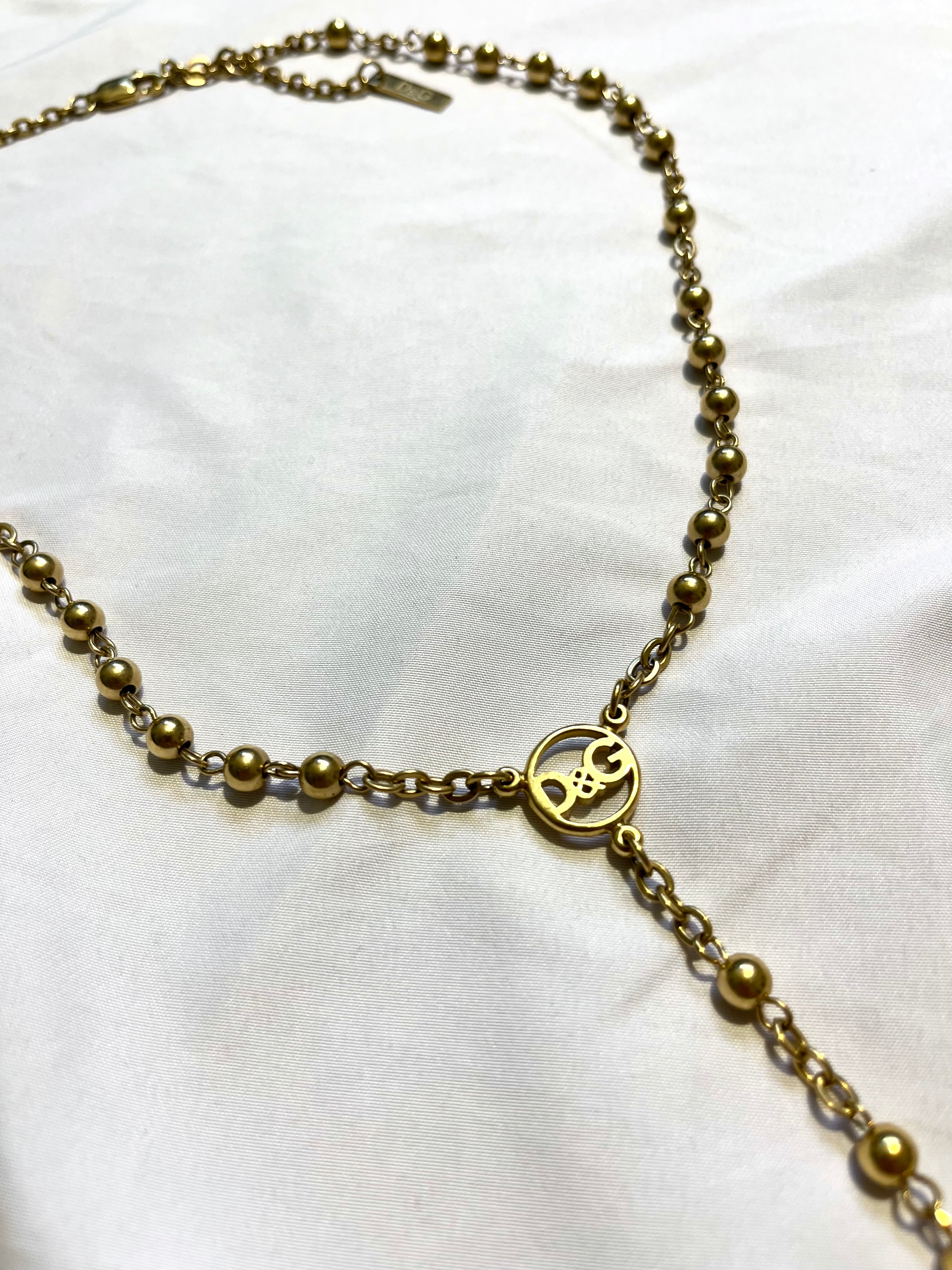 DOLCE & GABANNA GOLDEN SPELLOUT CHARM ROSARY JESUS CROSS NECKLACE