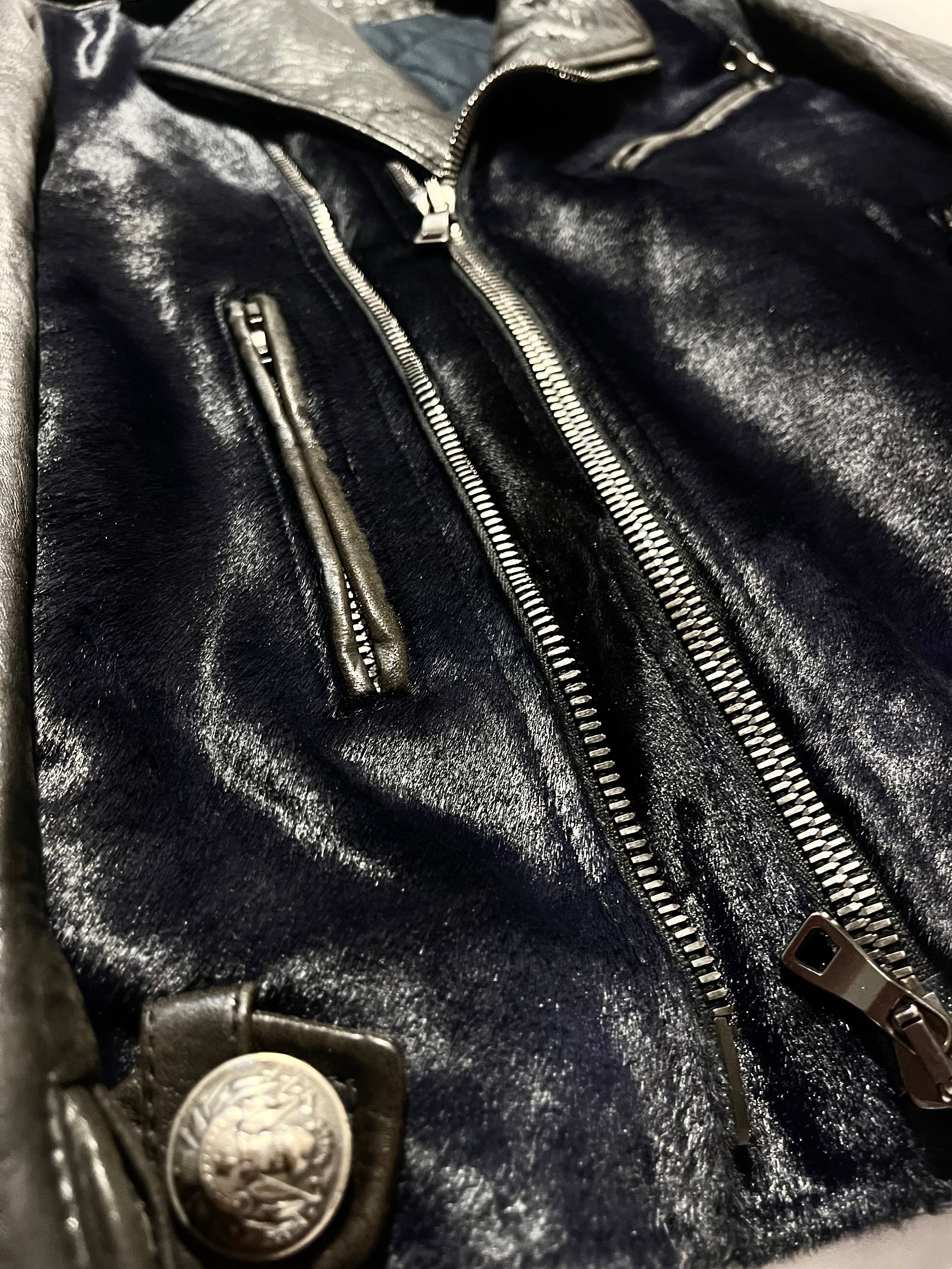 BALMAIN FW12 MIDNIGHT BLUE CALFHAIR AND COWHIDE PERFECTO BIKER JACKET IN 44