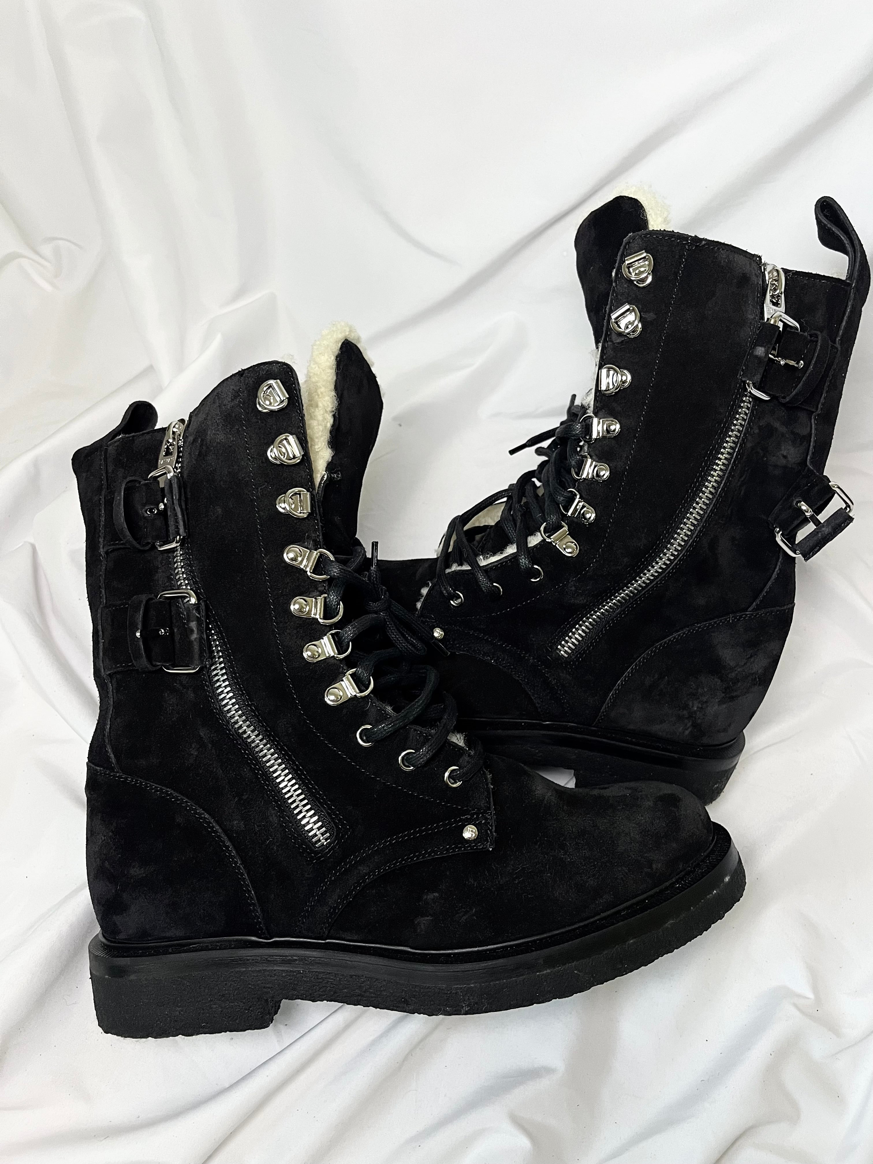 BALMAIN BLACK SUEDE SHEARLING LINED RANGER BOOTS IN 43