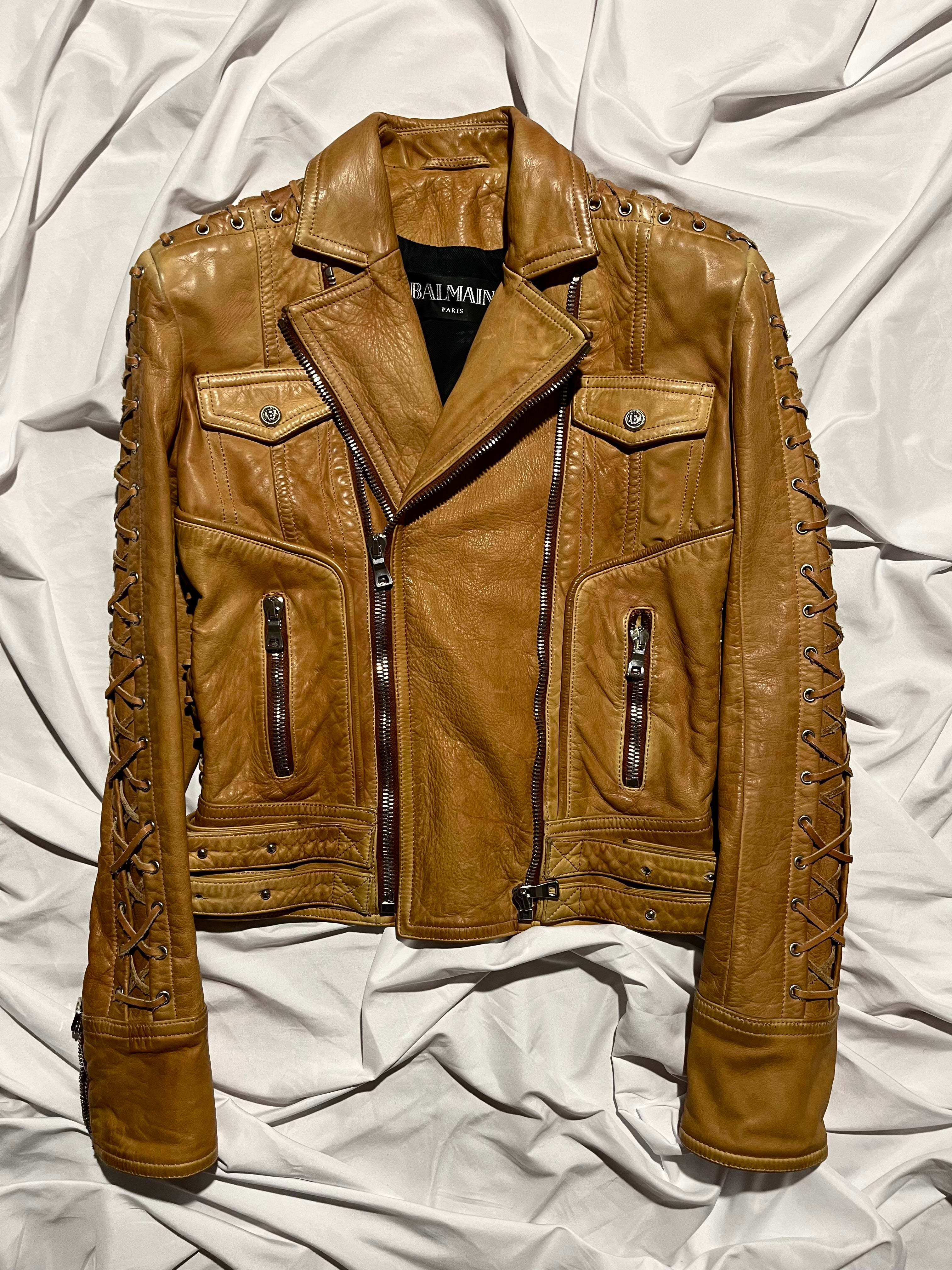 BALMAIN STITCHED SLEEVES PERFECTO BIKER JACKET IN 36 BY OLIVIER ROUSTEING