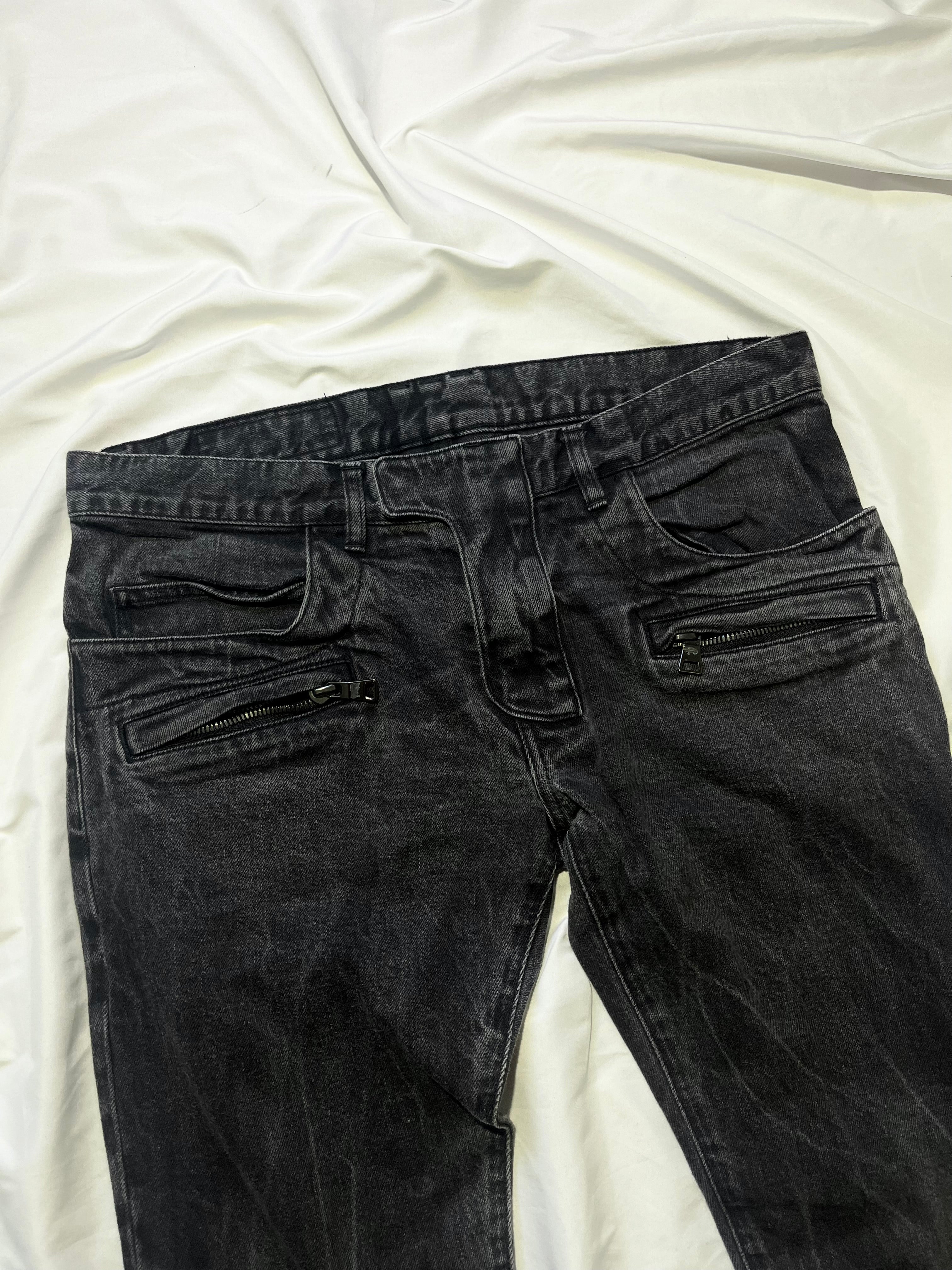 BALMAIN ACID WASH GREY BIKER DENIM BY OLIVIER ROUSTEING