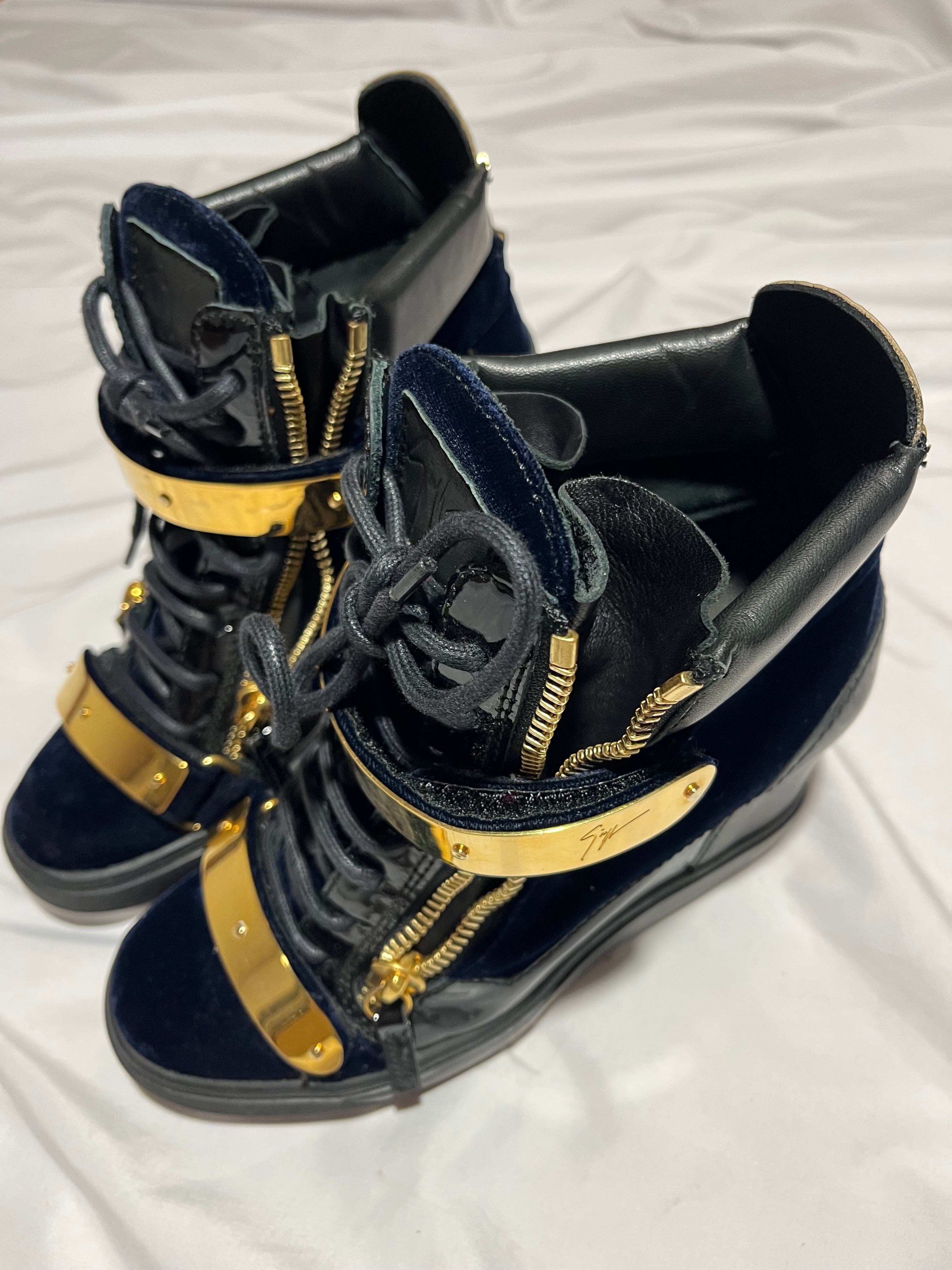 GIUSEPPE ZANOTTI 'COBY' DARK BLUE SATIN WEDGE SNEAKERS IN 38